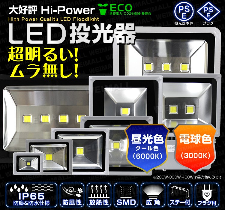 PSE取得 LED 投光器 200W IP65 防水 コンセント付き 昼光色 広角 看板