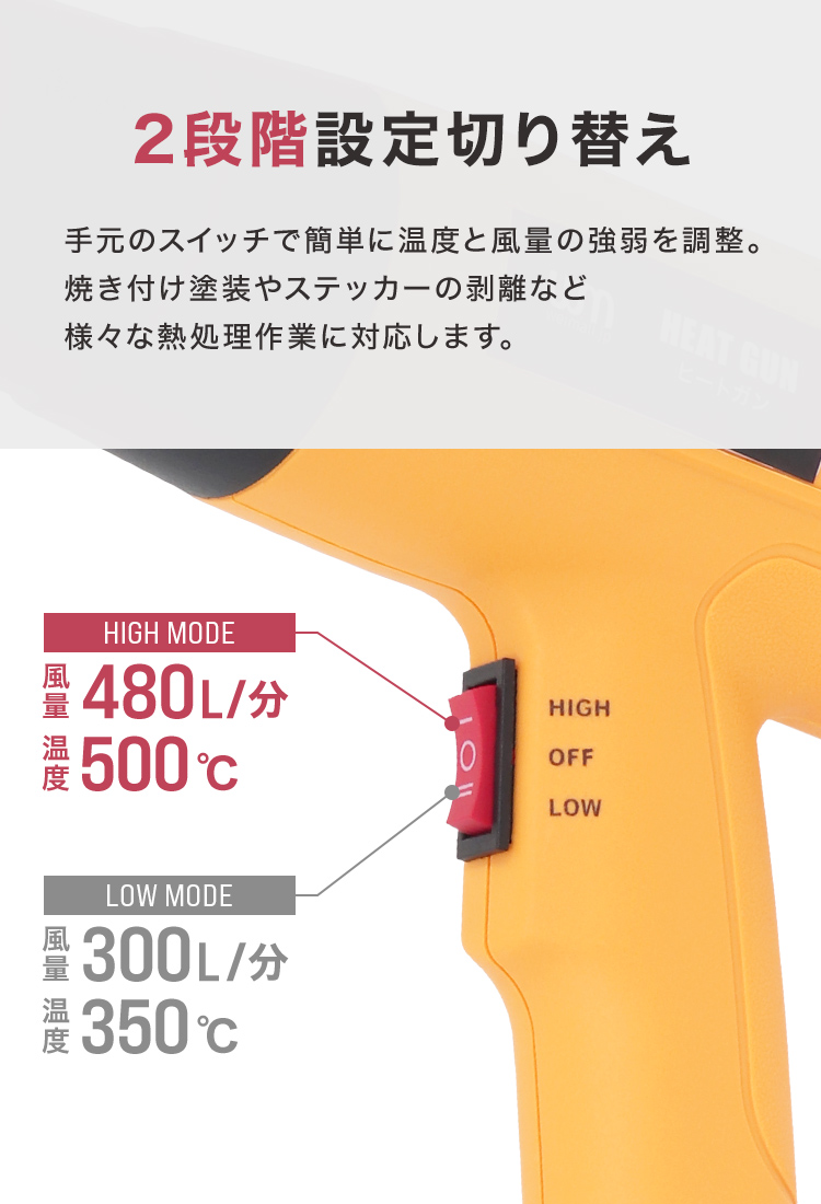 ヒートガン ホットガン 温度調整 1800W 超強力 熱処理 2段階強弱調節機能 ヒートガン PSE取得 強弱調節 ツライチ｜tantobazarshop｜10