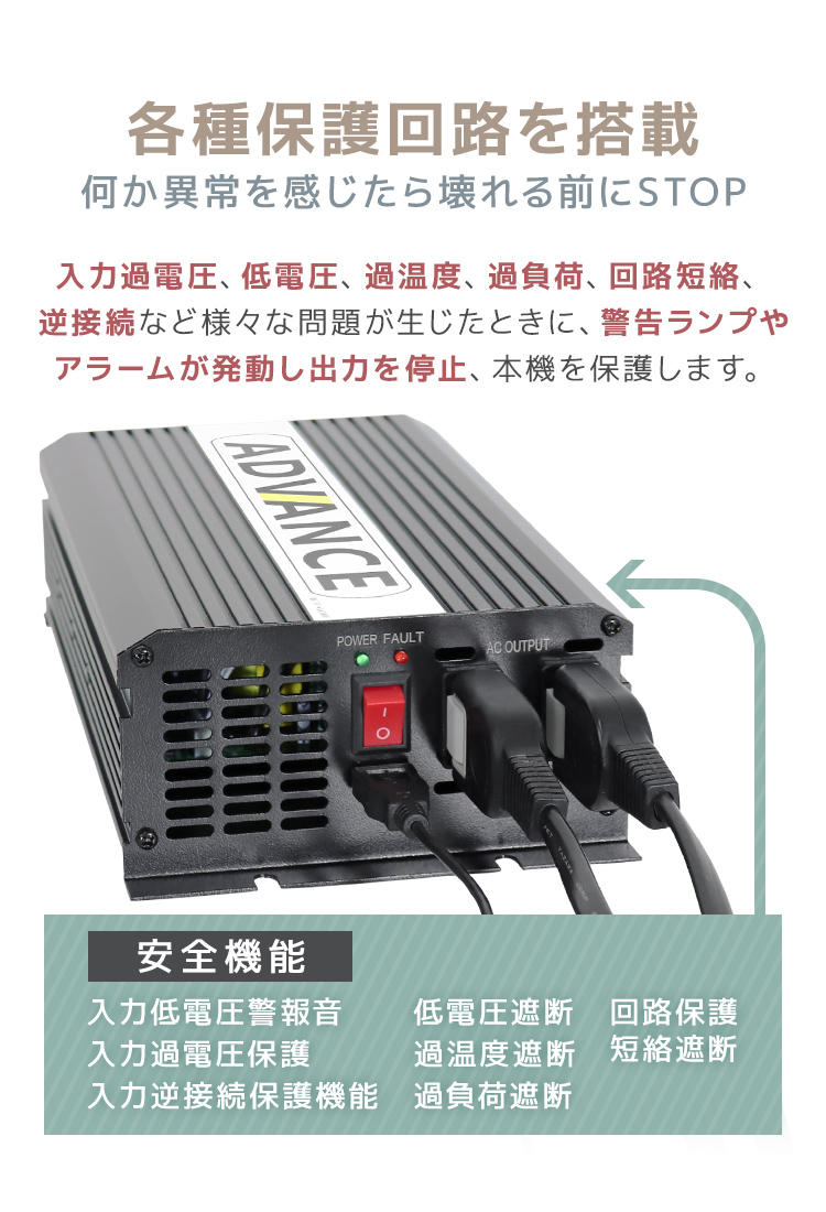 ポータブル電源 インバーター DC12V AC100V 定格1500W 修正波/疑似正弦 