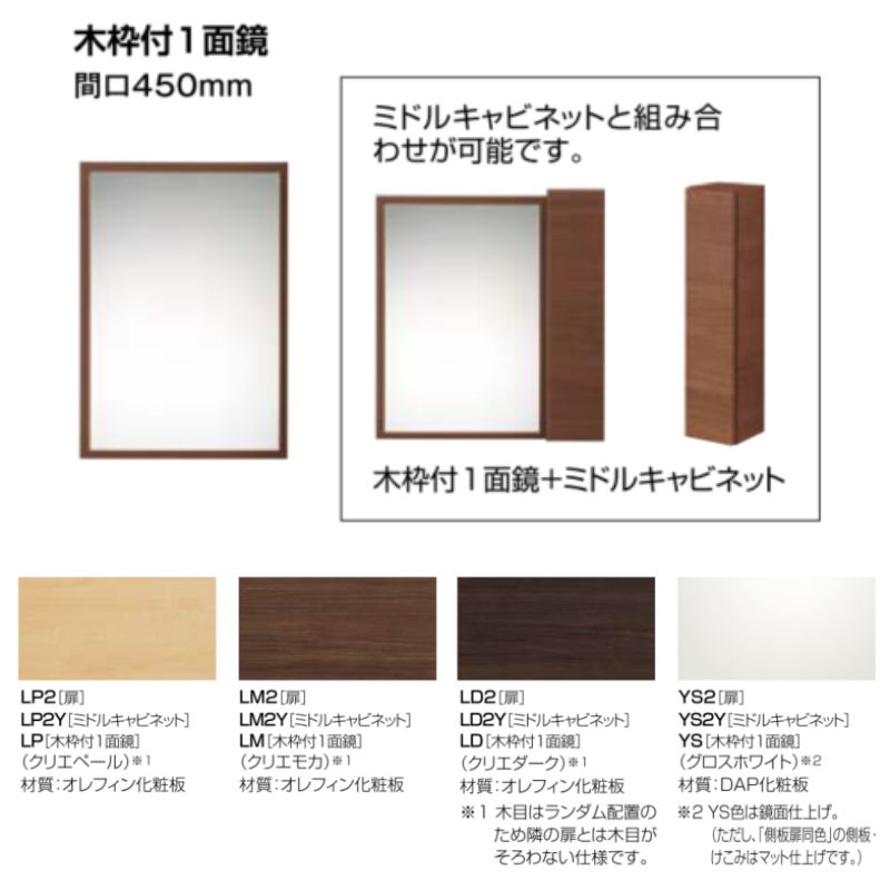 LIXIL リフラ 木枠付木枠付1面鏡(ミラー) リフラ 洗面化粧台 LIXIL/INAX ミラーキャビネット 間口W450mm MNS