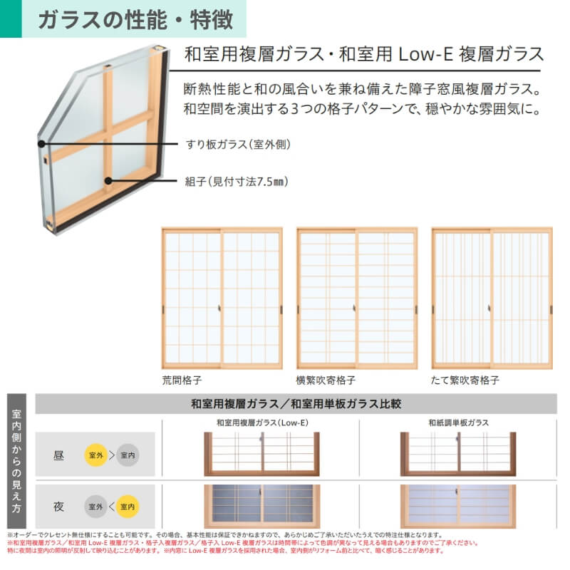 二重窓 内窓 YKK ウチリモ 2枚建 引違い窓 和室用 Low-E複層ガラス 横繁吹寄格子 すり板4+A10+3mm W1201〜1896 H1401〜1800mm YKKap 断熱 防音 結露対策 サッシの画像