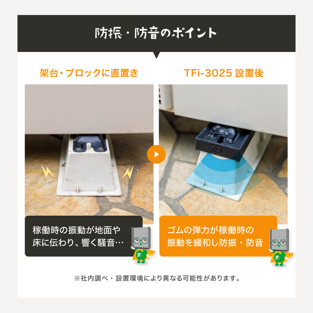 エアコン室外機用防振・防音ゴムマット TFi-3025 室外機架台 室外機置き台 取り付け台 防振ゴム 架台 タツフト あしあげ隊 騒音対策 振動対策 hmd-3025 |  | 08