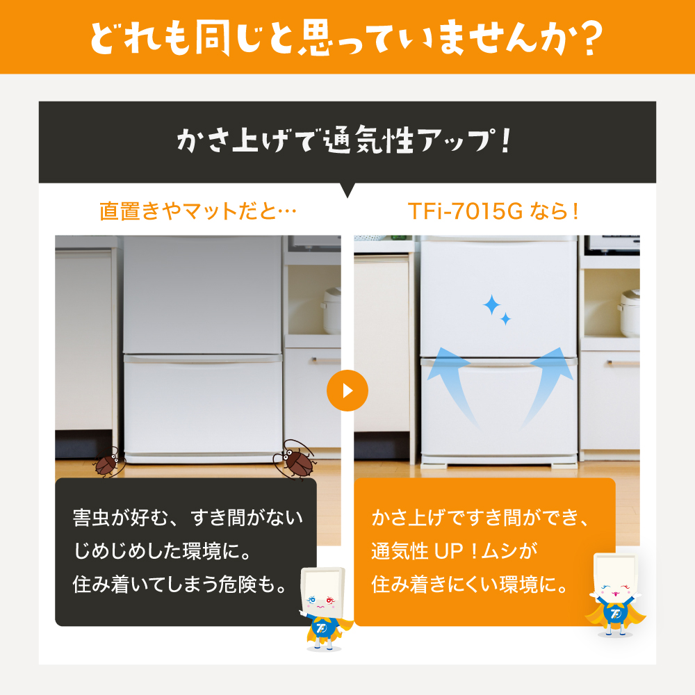 冷蔵庫など害虫・キズ凹み防止ゴムマット TFi-7015G マット 下敷きマット 冷蔵庫下マット 300L キズ防止 へこみ防止 タツフト あしあげ隊 ポリカ |  | 06