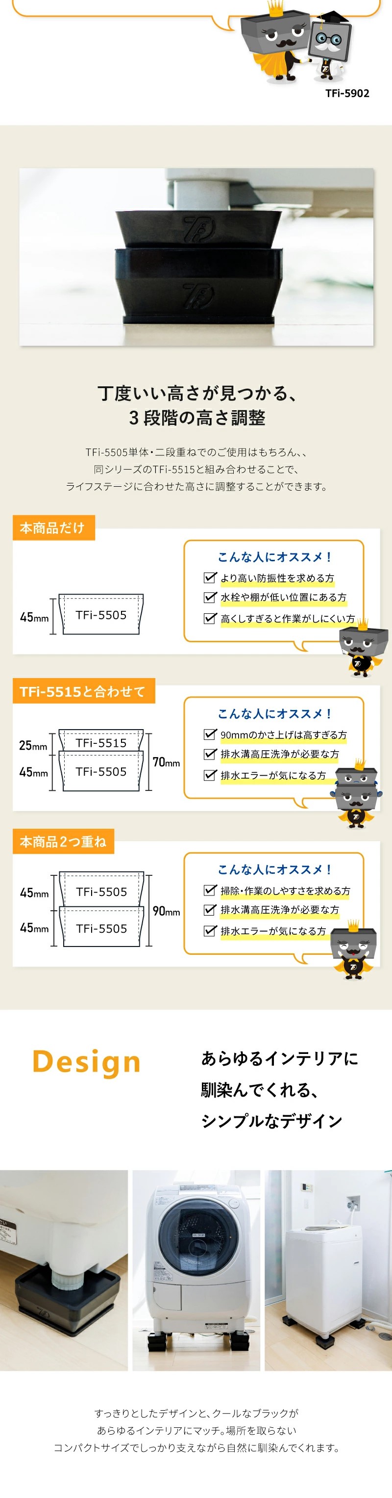 洗濯機かさ上げ 防振・防音ゴムマット TFi-5505 ドラム式/縦型対応