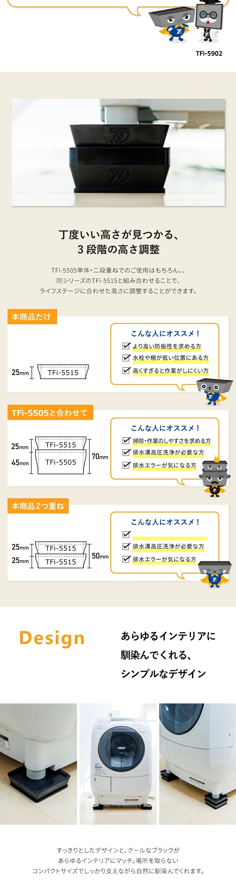 洗濯機かさ上げ 防振・防音ゴムマット TFi-5515 ドラム式/縦型