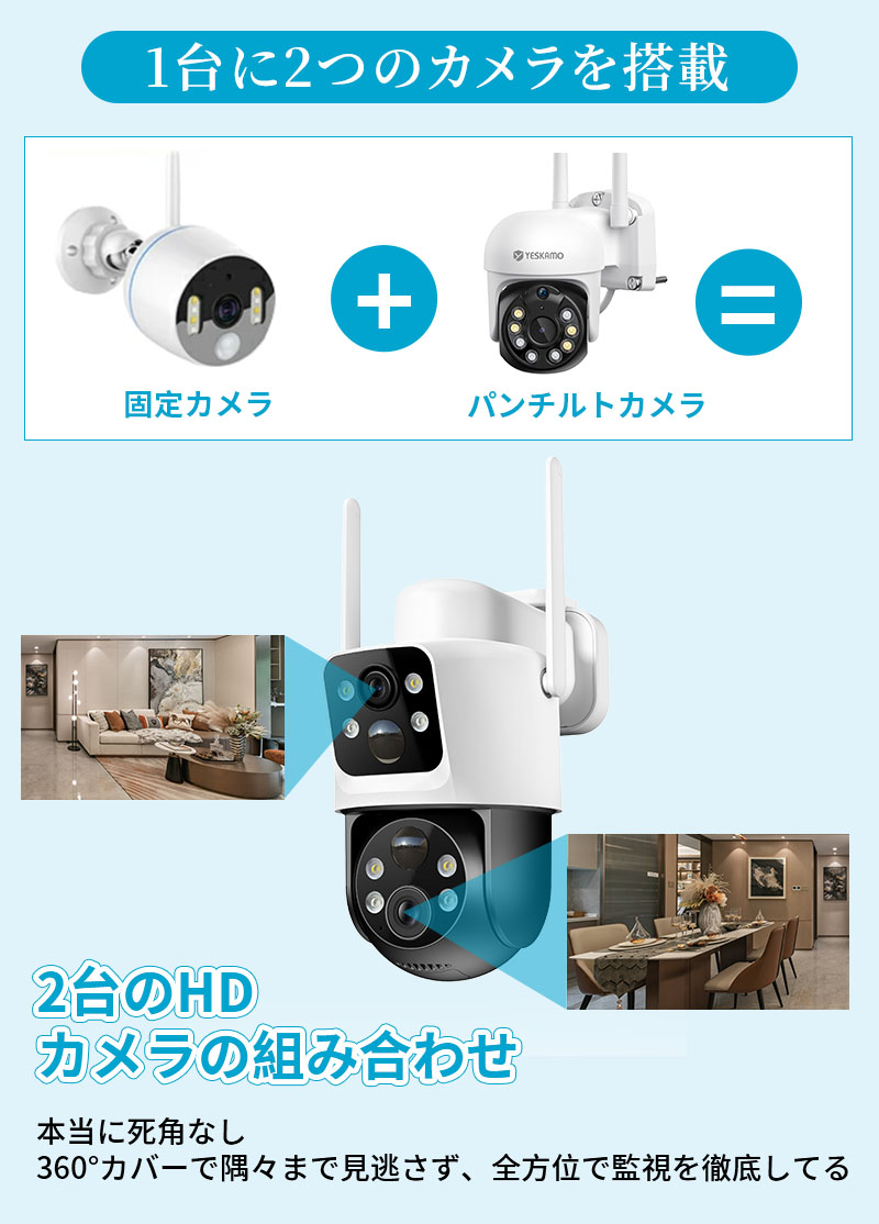 防犯カメラ 2眼レンズ搭載&デュアルレンズ&両監視画面 & 360°死角なし