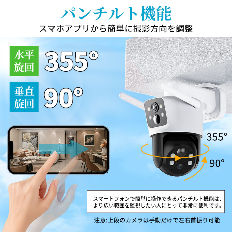 防犯カメラ 2眼レンズ搭載&デュアルレンズ&両監視画面 & 360°死角なし