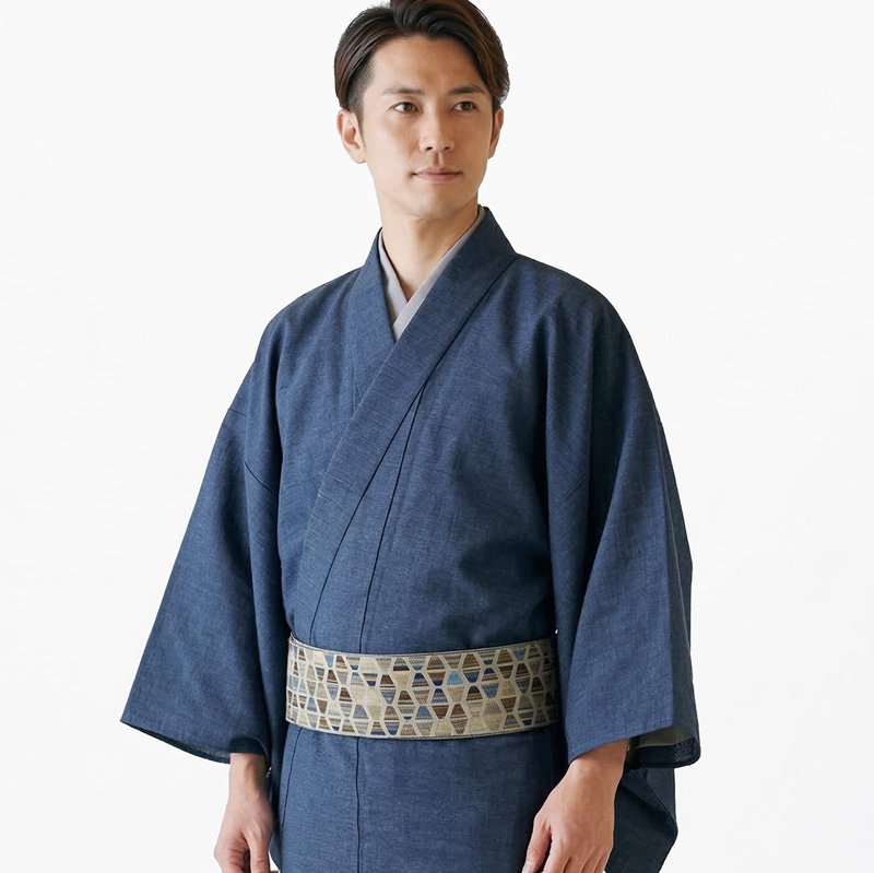 未着用　メンズ着物　夏用　縦縞　綿麻　洗える着物　ネイビー　着物　014k BOTAN 木綿 着物 メンズ 久留米織 お仕立て上がり 日本製 男性 単衣