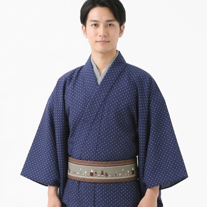 ROCCA（六花） メンズ 久留米織着物 ワンタッチ角帯 2点セット