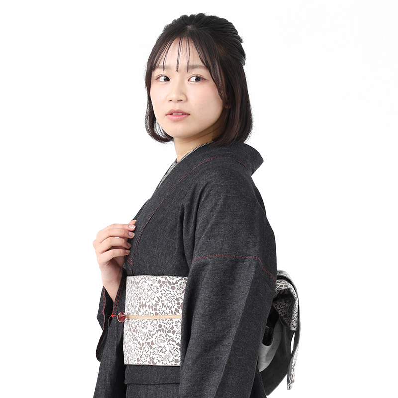 デニム着物 2点 セット レース帯 ROCCA 六花 半幅帯 着物 洗える着物