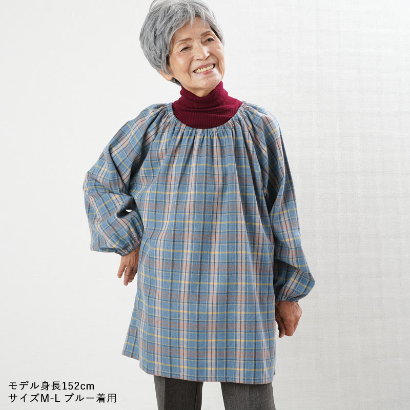 シニア服 80代 70代 60代 レディース 婦人服 高齢者 おばあちゃん  起毛チェックギャザースモック チュニックブラウス 母の日 プレゼント｜tc-mart｜02