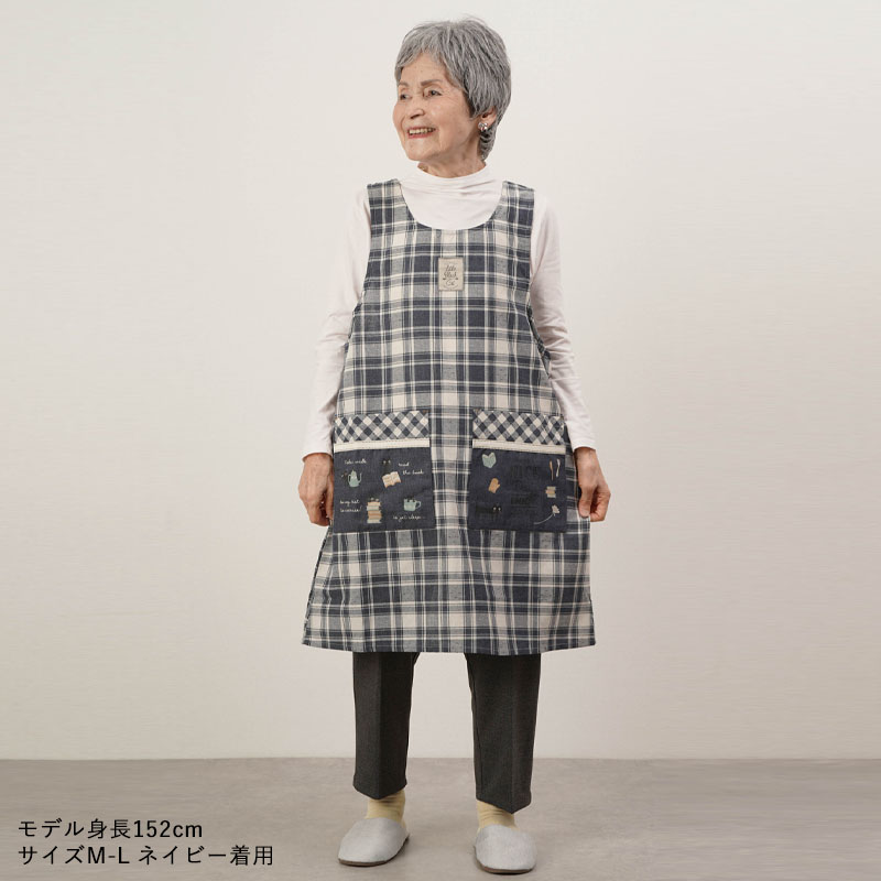 エプロン レディース シニア 服 80代 70代 60代 高齢者 婦人服 女性 おばあちゃん 母 誕生日 プレゼント 幅広2段ポケット 黒猫プリント チェック柄 母の日｜tc-mart｜03