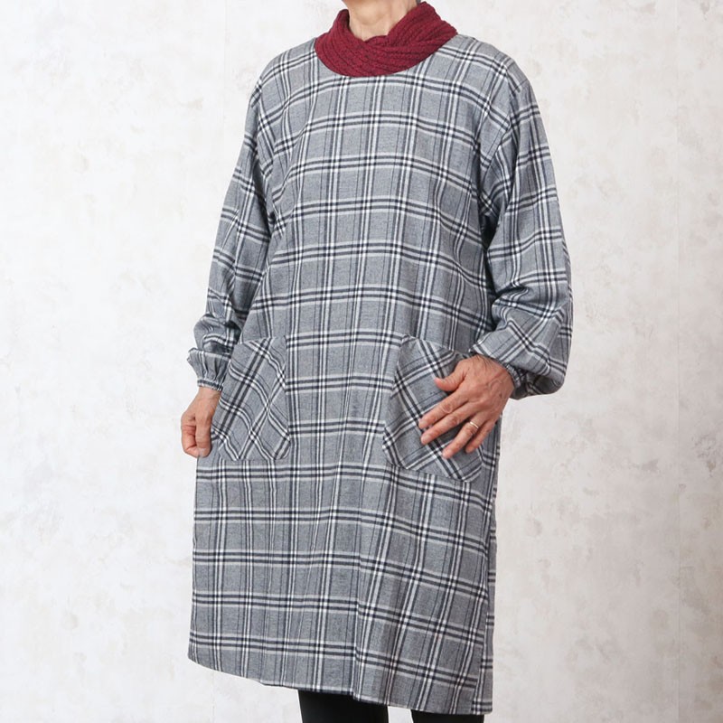 綿起毛 ネル ロング割烹着 ワンピース チェック柄 シニアファッション