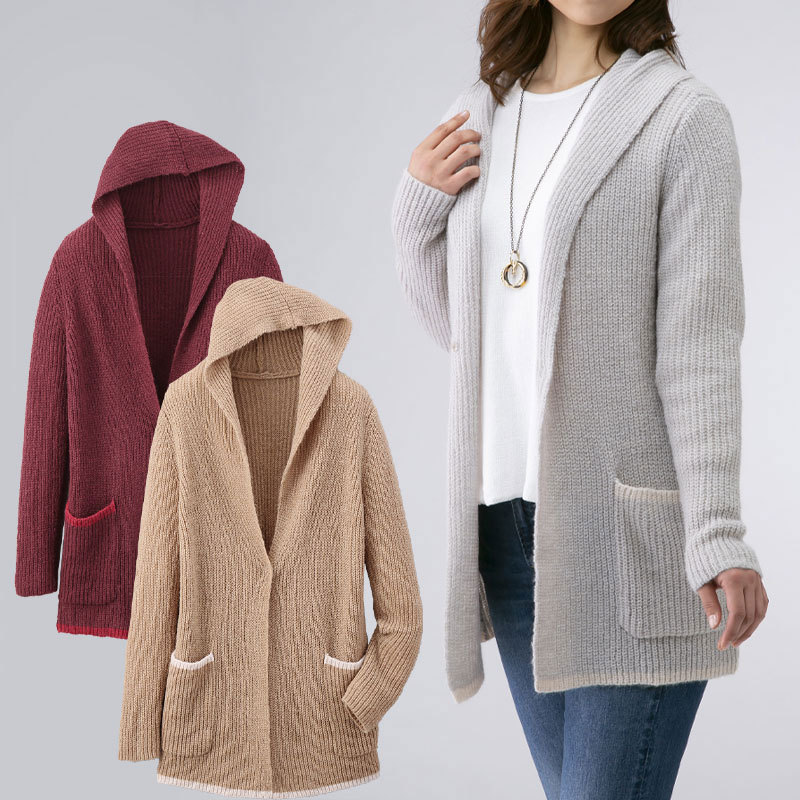 カーディガン レディース 秋冬 ピエルッチ ウール混フード付きカーディガン 全3色  婦人服 ミセス シニア フーディ カーデ シンプル　natu　p19163 シニア服 80代 70代 60代 レディース 婦人服 高齢者