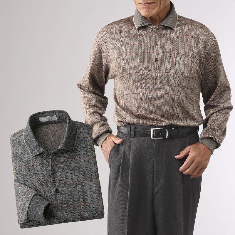 シニア服 80代 70代 60代 メンズ 紳士服 高齢者 おじいちゃん 日本製 ウール入り 格子柄ポロシャツ ２色組