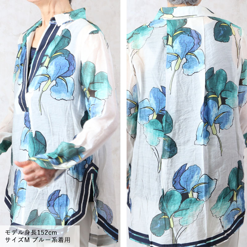 シニアレディースファッション シニア 服 ビッグシャツ 長袖 花柄