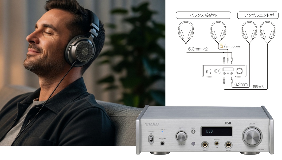 ヘッドホンを良い音で聴いている男性の画像