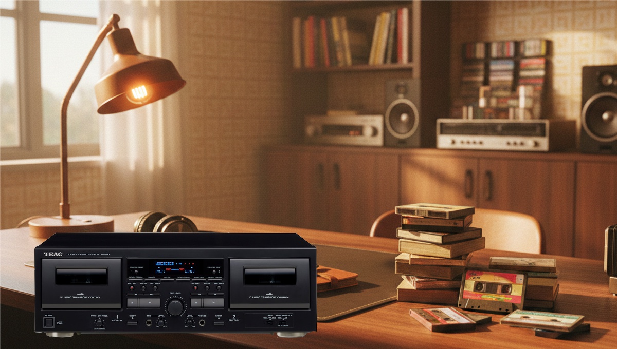 カセットテープアーカイブのあるレトロな部屋にあるW-1200