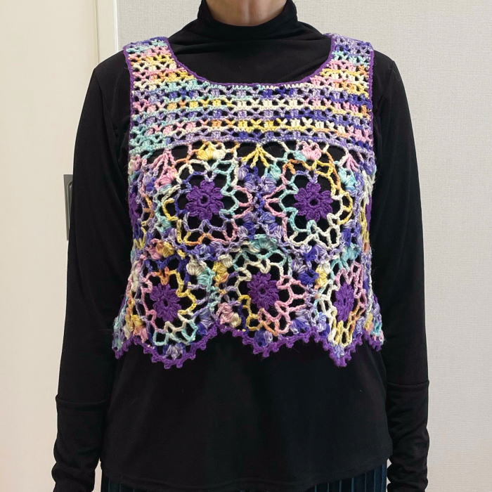 ●編み針セット● スーパーウォッシュ アルチザンを２色使って編むモチーフ編みが可愛いベスト 手編みキット 毛糸 無料編み図 編みものキット アリゼ｜teamiohenya｜08