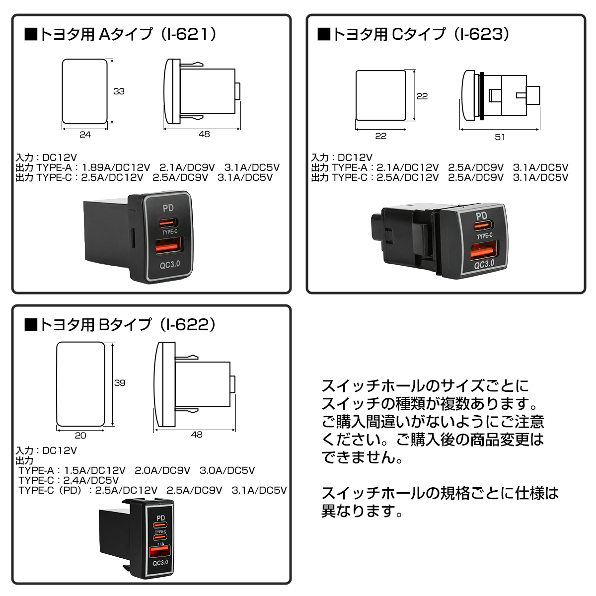 トヨタ（TOYOTA） 純正風 トヨタAタイプ スイッチホール USB給電ポート