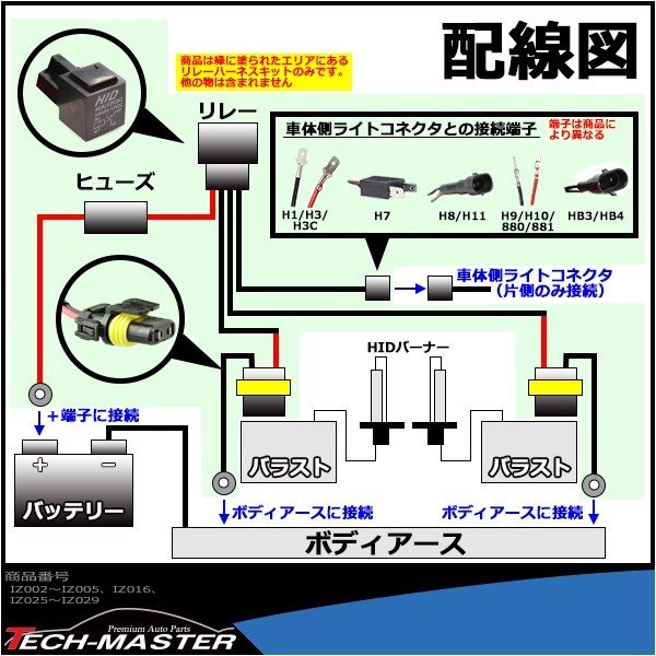 HID リレーハーネス 35W/55W兼用 DC24V 1本 H1/H3/H3C/HB3/HB4/H8/H11/H9/H10/880/881/H7｜tech｜08