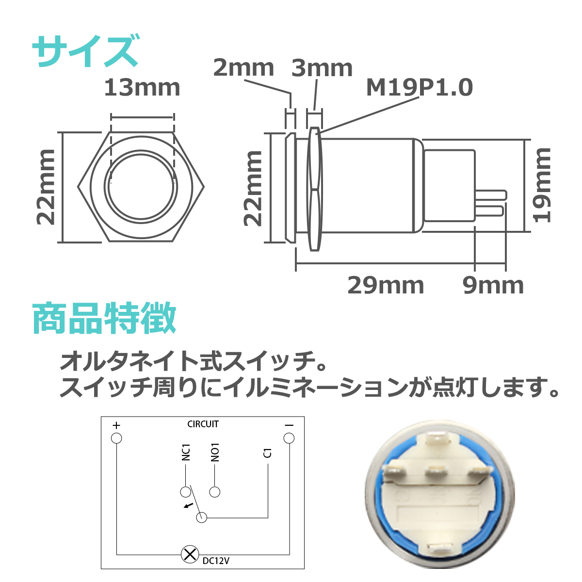 プッシュスイッチ φ22 DC12V用 LEDリング イルミ 防滴 IZ096 | ブランド登録なし | 06