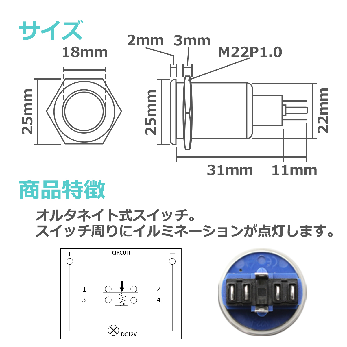 プッシュスイッチ φ25 DC12V用 LEDリング イルミ 防滴 IZ097 | ブランド登録なし | 06