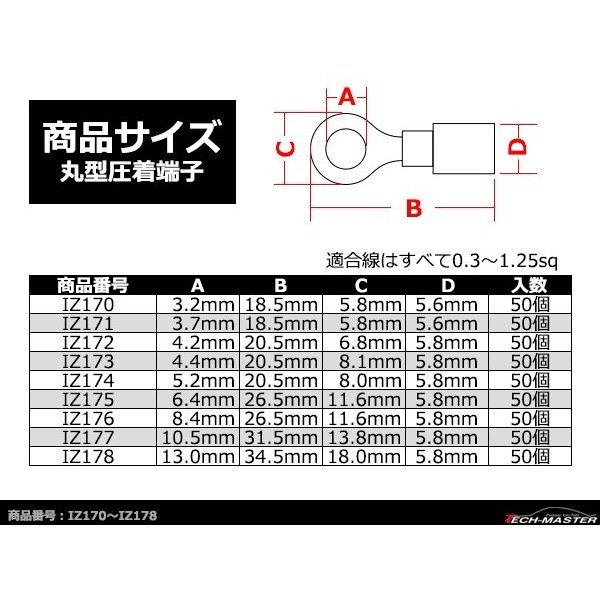 丸型 圧着端子 穴径5.2mm スリーブ付き 適合線0.3〜1.25sq 汎用 50個セット IZ174 | ブランド登録なし | 03