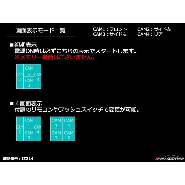 車載モニター用 モニター映像4分割器 DC12V/DC24V兼用 リモコン切替 正像/鏡像 4台の映像入力を1画面に表示 IZ314 | ブランド登録なし | 05