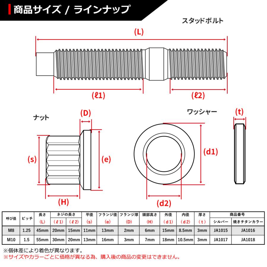 64チタンボルト スタッドボルト M8×45mm P1.25 ナット ワッシャー 3点セット シルバーカラー 1個 JA1015 | ブランド登録なし | 01