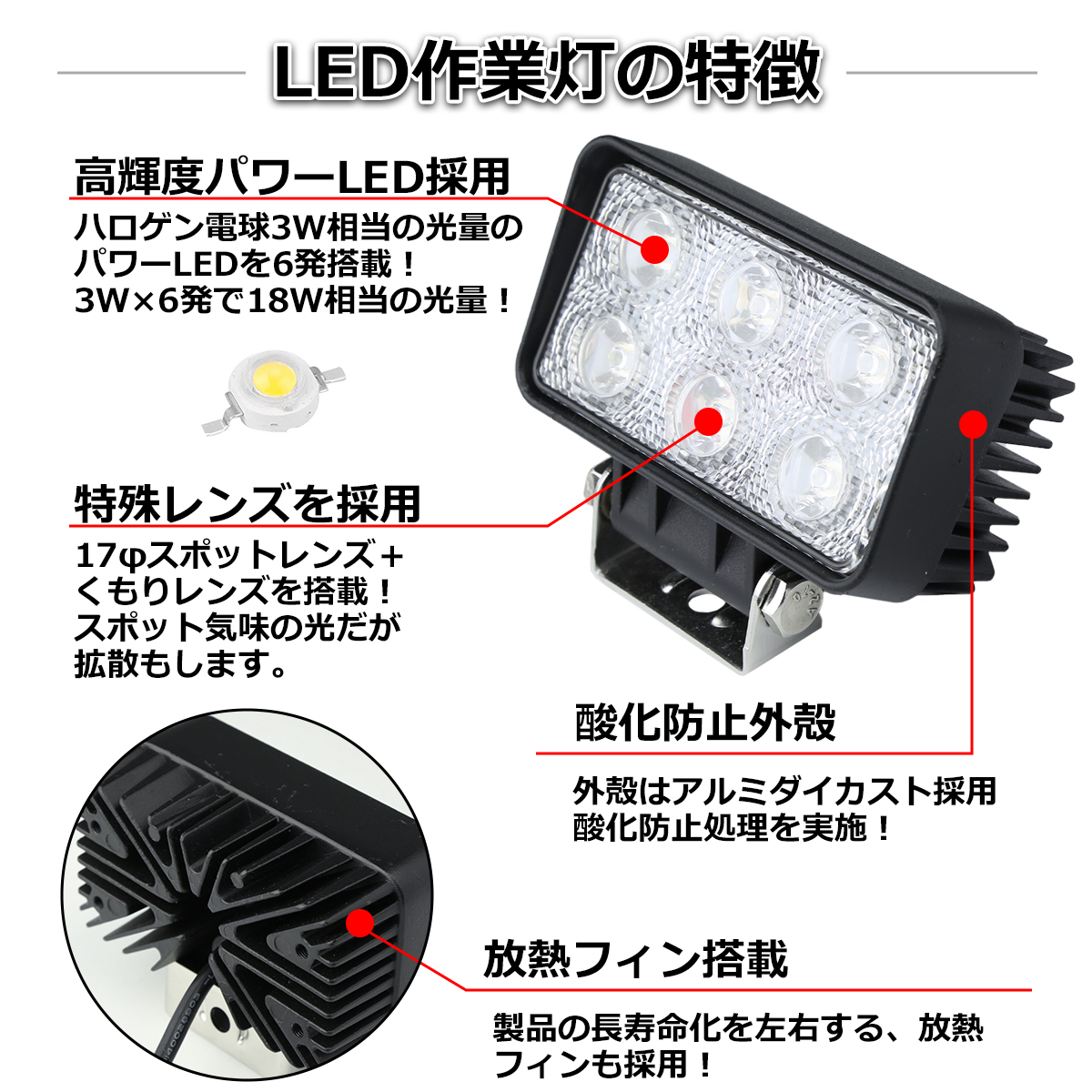 【2個セット】 LED ワークライト 作業灯 ライト 18W 12V 24V 兼用 防水 バイク 車 トラック フォグランプ バックランプ 補助灯 カスタム パーツ PZ159-2SET | ブランド登録なし | 01