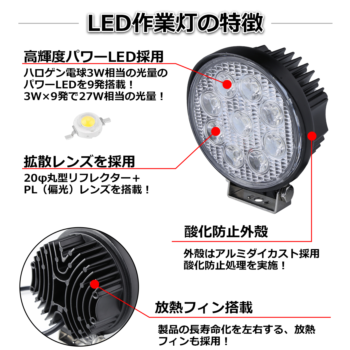 【2個セット】 LED ワークライト 作業灯 ライト 27W 12V 24V 兼用 防水 バイク 車 トラック フォグランプ バックランプ 補助灯 カスタム パーツ PZ175-2SET | ブランド登録なし | 01