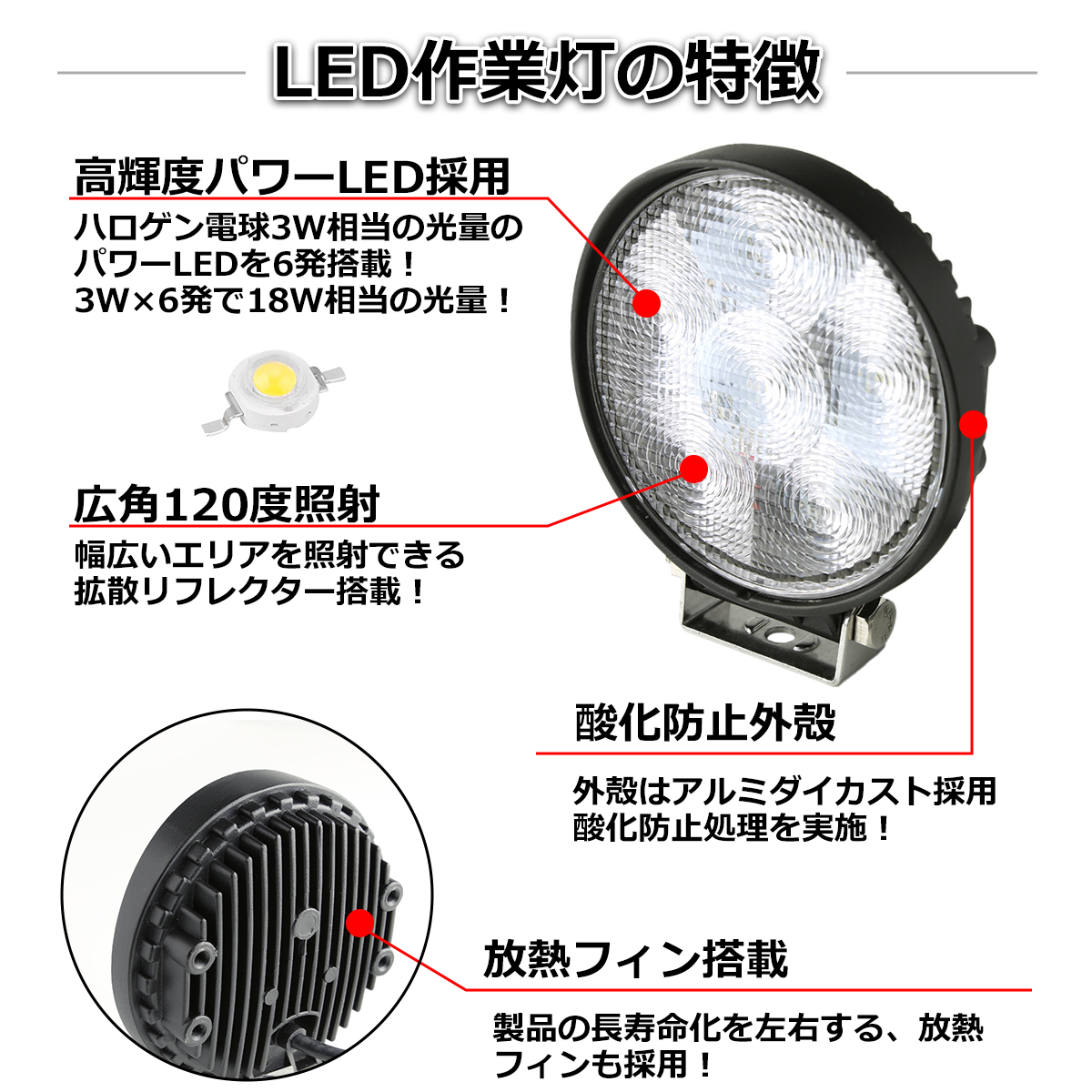 2個セット】 LED ワークライト 18W 12V 24V 作業灯 丸型 広角 照射120