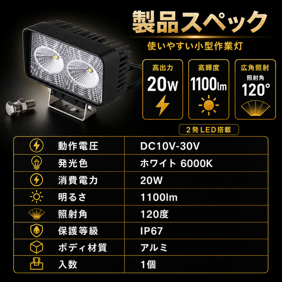 LED 作業灯 ワークライト 20W 1100lm 12V 24V 広角120度 防水 IP67