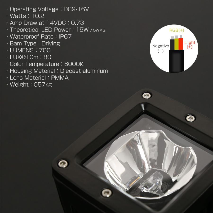 LED ドライビングランプ 15W RGB LED作業灯 赤外線リモコン操作 DC12V フォグランプ バックランプ PZ498 | ブランド登録なし | 05