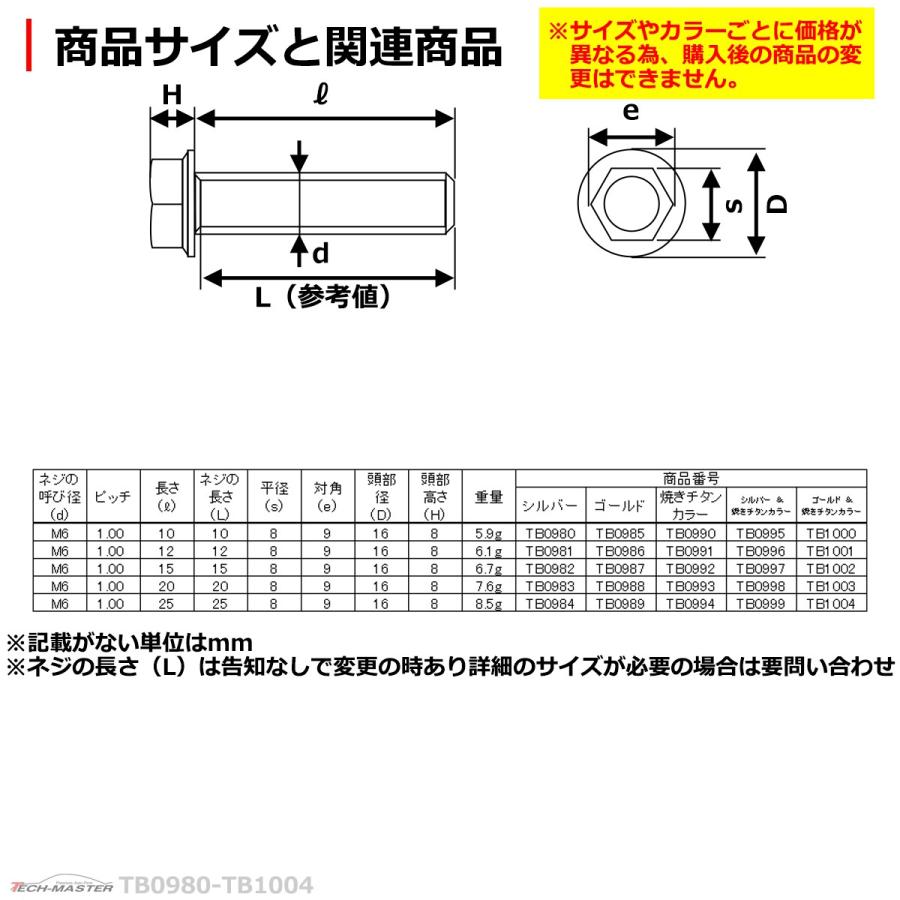 六角ボルト M6×25mm P1.0 フラワーヘッド スターワイドフランジ ステンレス シルバー＆焼きチタンカラー 1個 TB0999 | ブランド登録なし | 03
