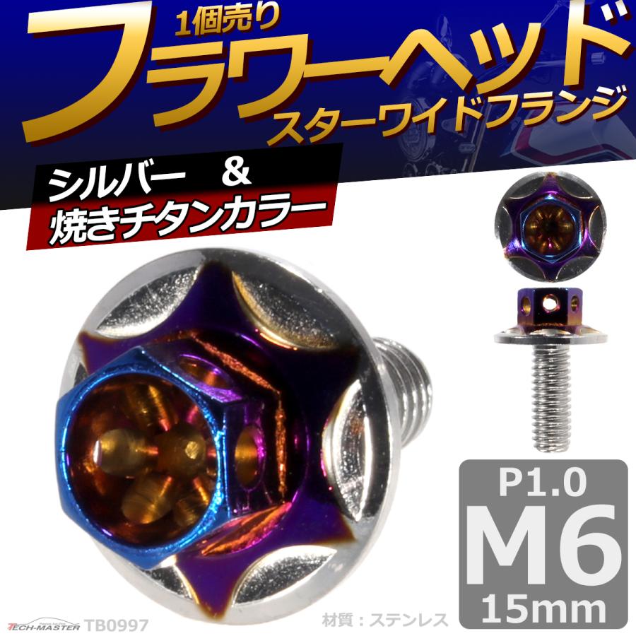 六角ボルト M6×15mm P1.0 フラワーヘッド スターワイドフランジ ステンレス シルバー＆焼きチタンカラー 1個 TB0997 | ブランド登録なし | 01