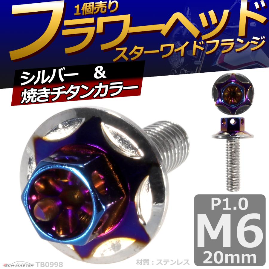 六角ボルト M6×20mm P1.0 フラワーヘッド スターワイドフランジ ステンレス シルバー＆焼きチタンカラー 1個 TB0998 | ブランド登録なし | 01