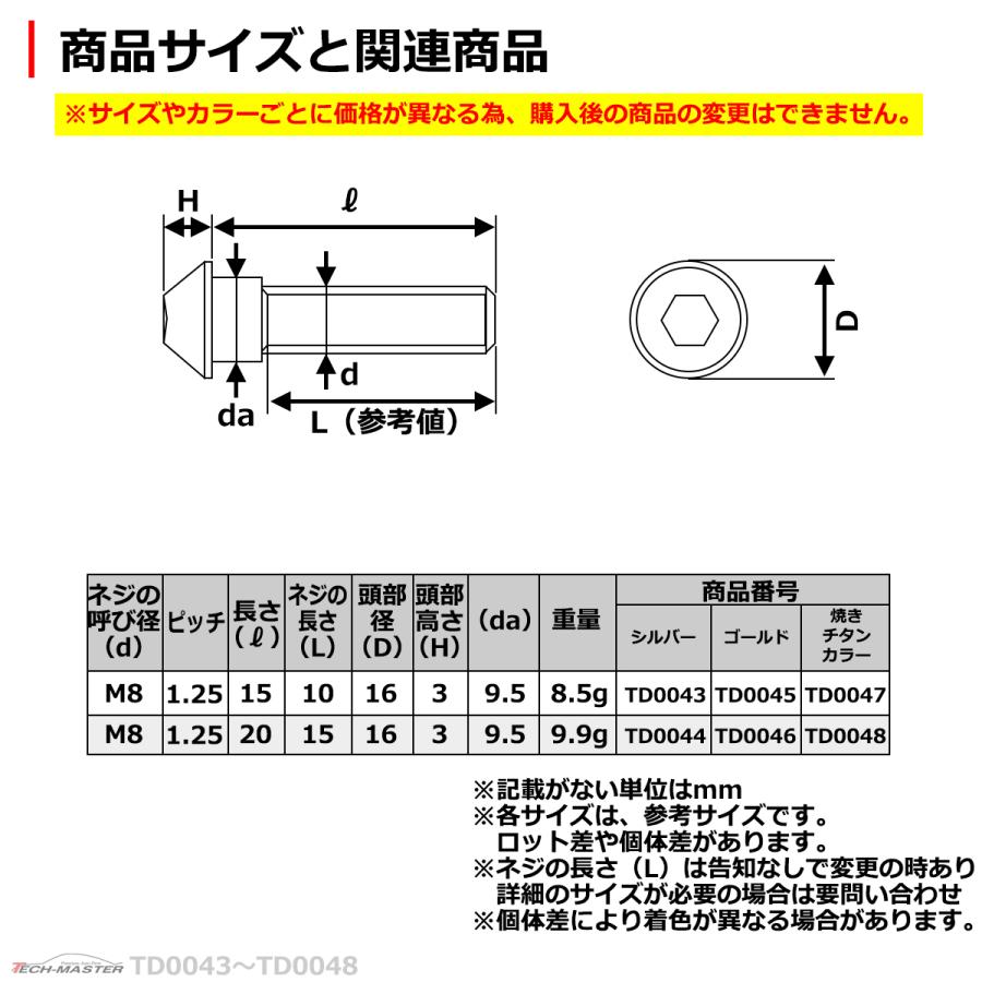 ブレーキディスク ローターボルト M8×20mm P1.25 ホンダ用 ホールヘッド 車/バイク 焼きチタンカラー 1個 TD0048 | ブランド登録なし | 03