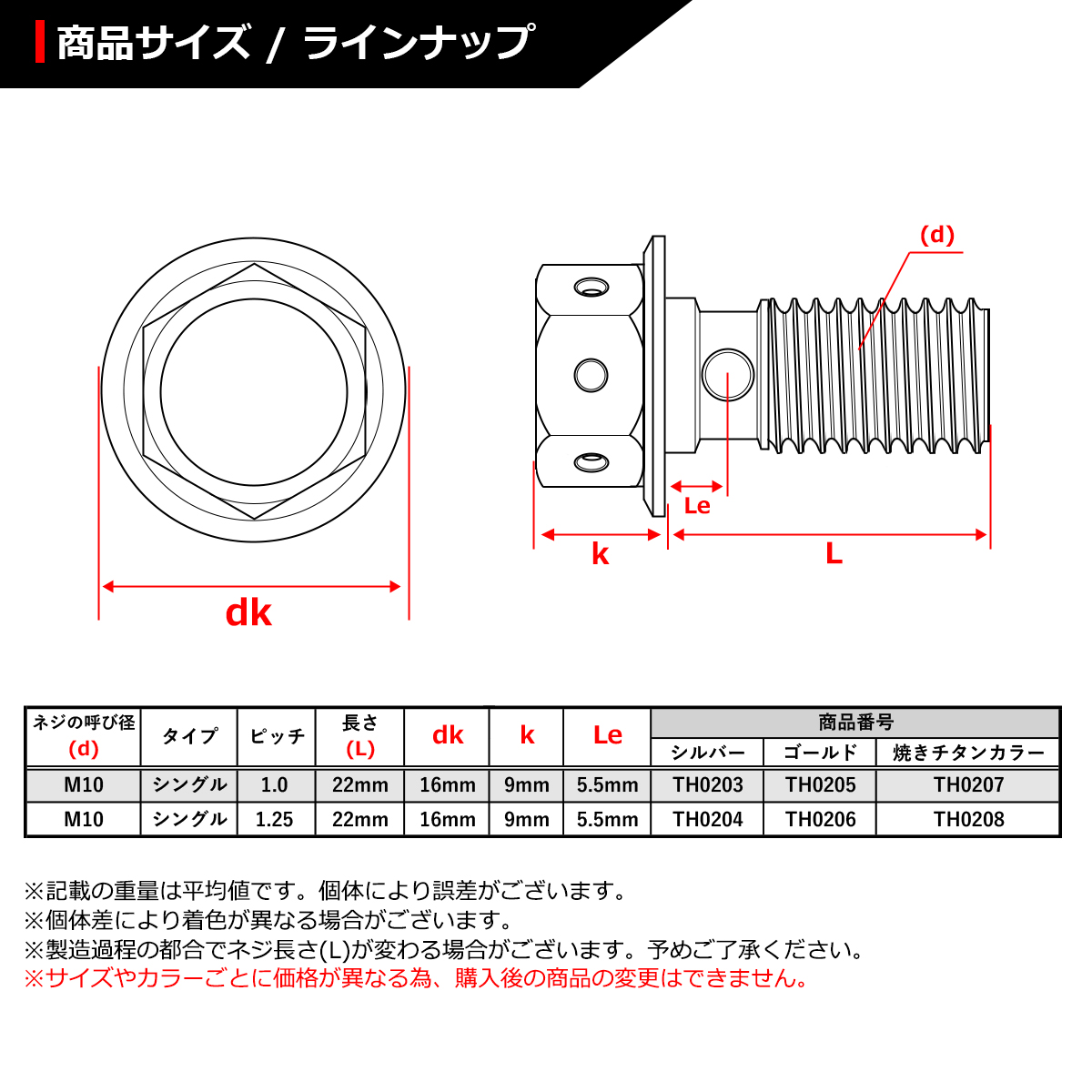 バンジョーボルト シングル M10 P1.0 ステンレス製 ヘキサゴンヘッド 焼きチタンカラー 1個 TH0207 関連画像1