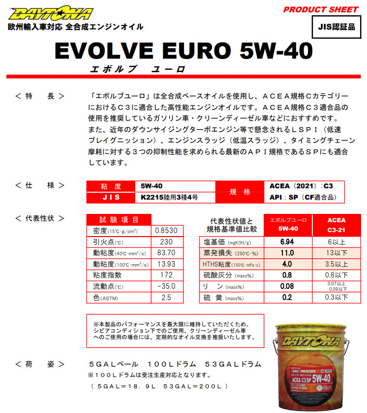 DAYTONA（デイトナ） 1009721 エボルブEURO 5W-40 API:SP/CF適合 ACEA