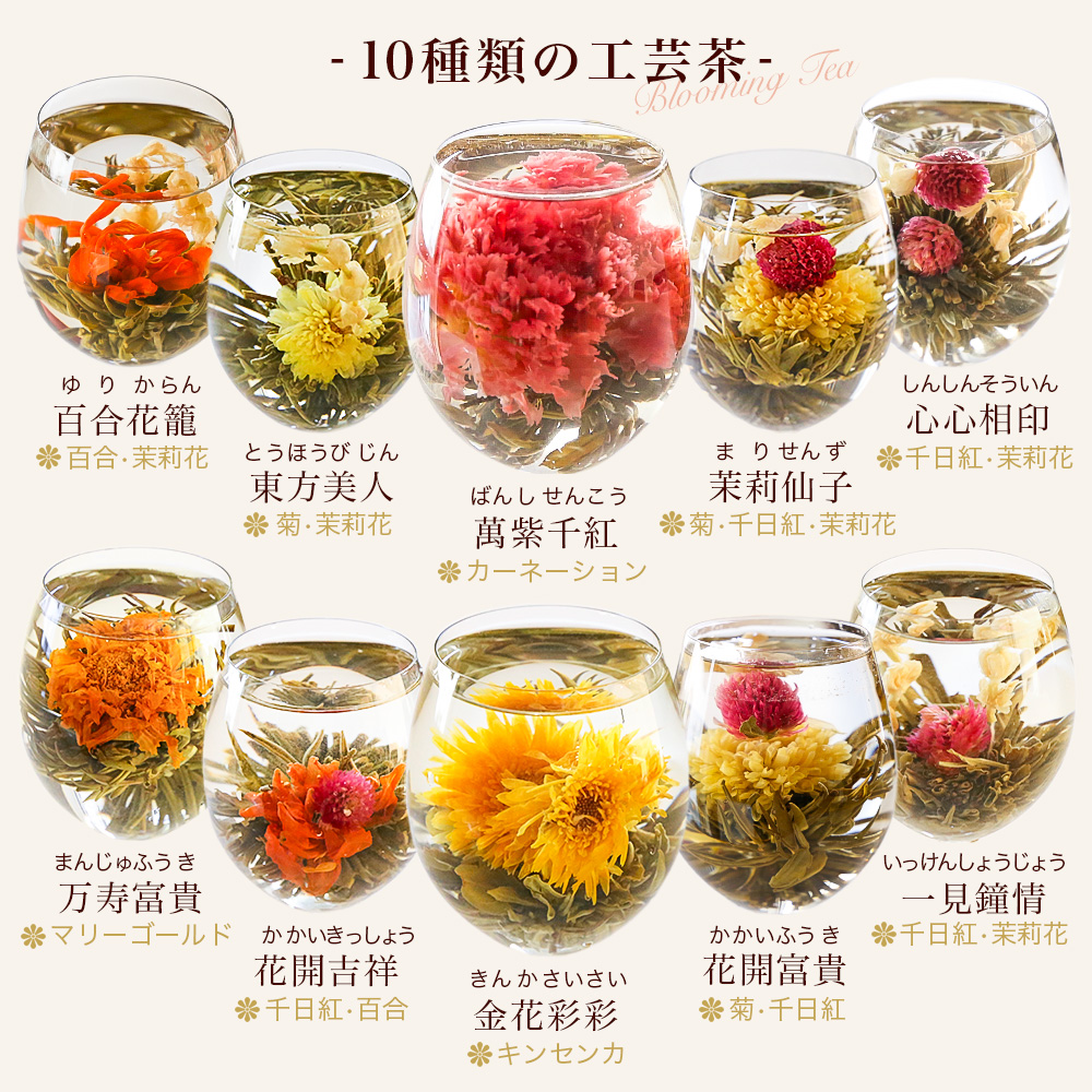 【10/25 P5倍!】リムテー ジャスミン茶 花 咲くお茶 工芸茶 10種 詰め合わせ 自宅用 ブルーミングティー ネコポス便 誕生日 プレゼント 関連画像4