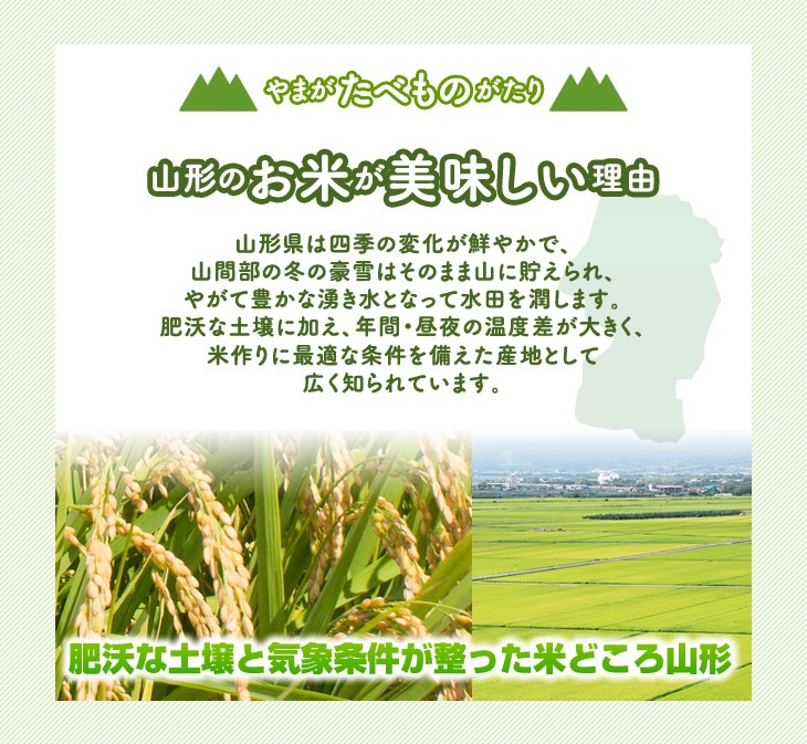 山形のお米が美味しい理由 | 山形県は四季の変化が鮮やかで、山間部の冬の豪雪はそのまま山に貯えられ、やがて豊かな湧き水となって水田を潤します。肥沃な土壌に加え、年間・昼夜の温度差が大きく、米作りに最適な条件を備えた産地として広く知られています。肥沃な土壌と気象条件が整った米どころ山形