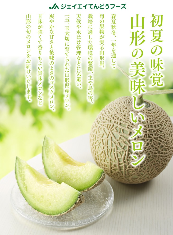 初夏の味覚山形の美味しいメロン | 春夏秋冬、一年を通して旬の果物が実る山形県。栽培に適した環境の整備、主や鳥の害、天候や水はけ管理などに気遣い、一玉一玉大切に育てられた山形県産メロン。爽やかな甘さと後味のよさのマスクメロン、甘味が強くて香りもよい貴味メロンなど山形の旬のメロンをお届けいたします。