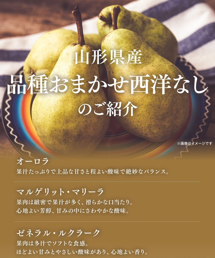 山形県産オーロラのご紹介 | アメリカで「マルゲリット・マリーラ」×「バートレット」を交配させて生まれた品種。日本では1980年代に導入されました。果実は300〜400gと大きめで、黄緑色の段階で収穫され熟すと黄色くなり香りも強くなるため、食べ頃が分かりやすい品種と言えます。果肉は、果汁たっぷりで上品な甘さと程よい酸味でバランスも良く、熟すと滑らかな舌触りとで、とろけるような食感を味わえます。