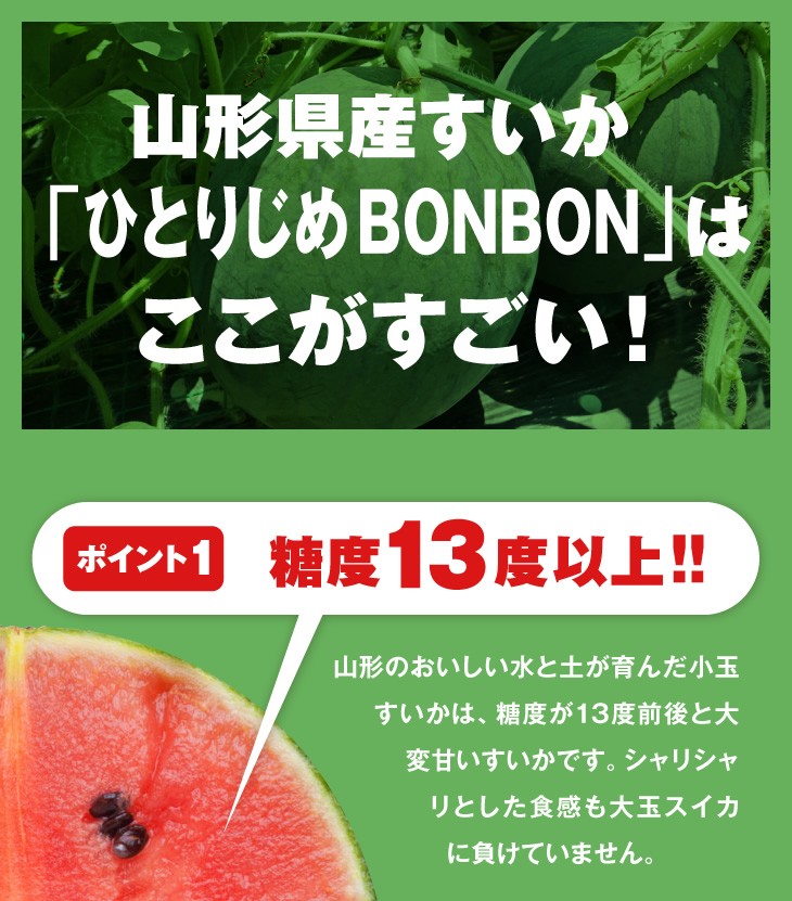 山形県産すいか「ひとりじめBONBON」はここがすごい！ | 糖度13度以上!! | 山形のおいしい水と土が育んだ小玉すいかは、糖度が13度前後と大変甘いすいかです。シャリシャリとした食感も大玉スイカに負けていません。