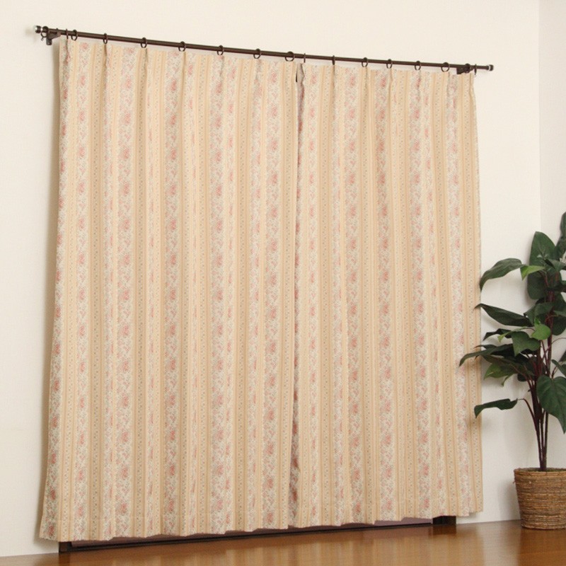 ボーダーストライプ花柄先染めジャガード織りカーテン5192ベージュ系の