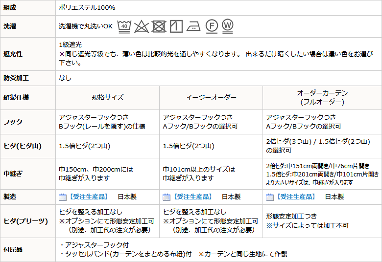 オーダーカーテン1.5倍ヒダ 遮光 1級 程よい光沢感 ざっくり風合い