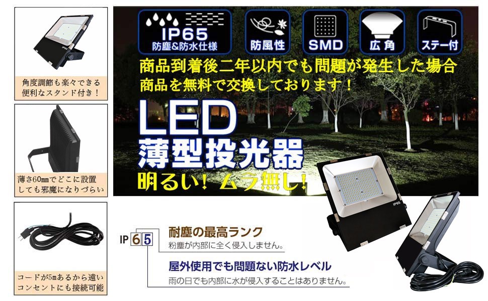 LED投光器 150W 1500W相当 薄型LED IP65防水防塵 120度広角 24000LM超