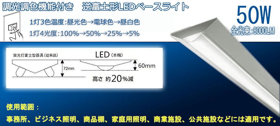 【壁スイッチで調光調色】リモコン不要 LEDベースライト 逆富士型 器具一体型 LED照明器具 40W形2灯相当 8000LM 50W  1灯12種類の点灯モード【二年保証】